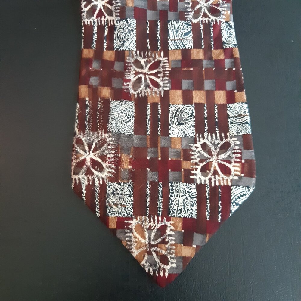 90s Postscripts by Superba Abstract Print, Tan, Maroon, Grey an White Silk Tie